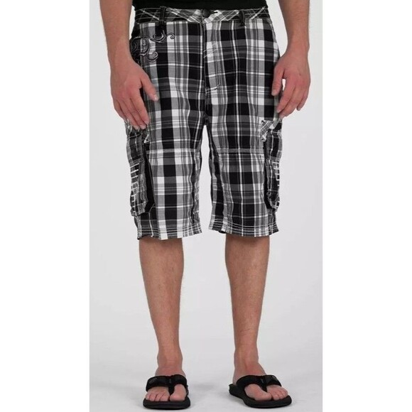 Y2K ROAR Mens Cargo Shorts Embroidered Plaid Black Utility Grunge Skater Size 33 - Picture 16 of 16